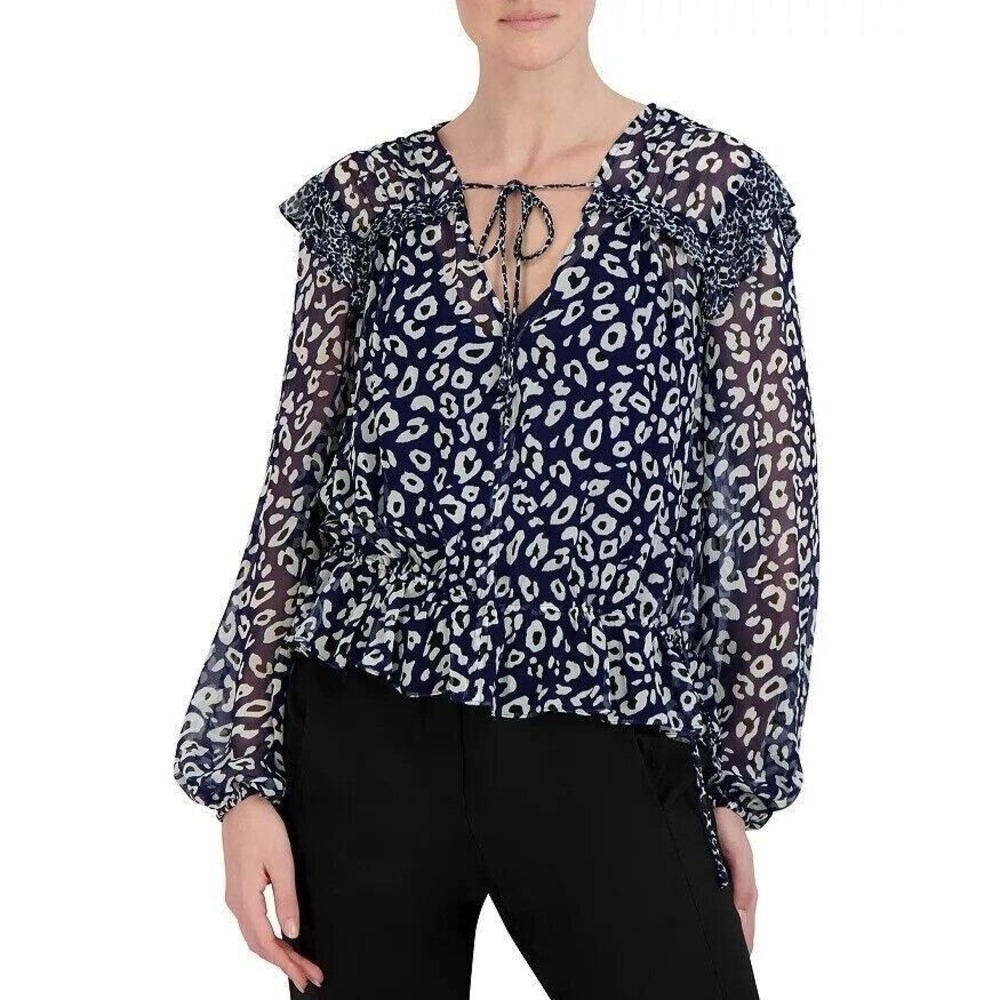 BCBGMAXAZRIA Womens XXS Blue White Leopard Print Tie Neck Ruffle Peplum Blouse